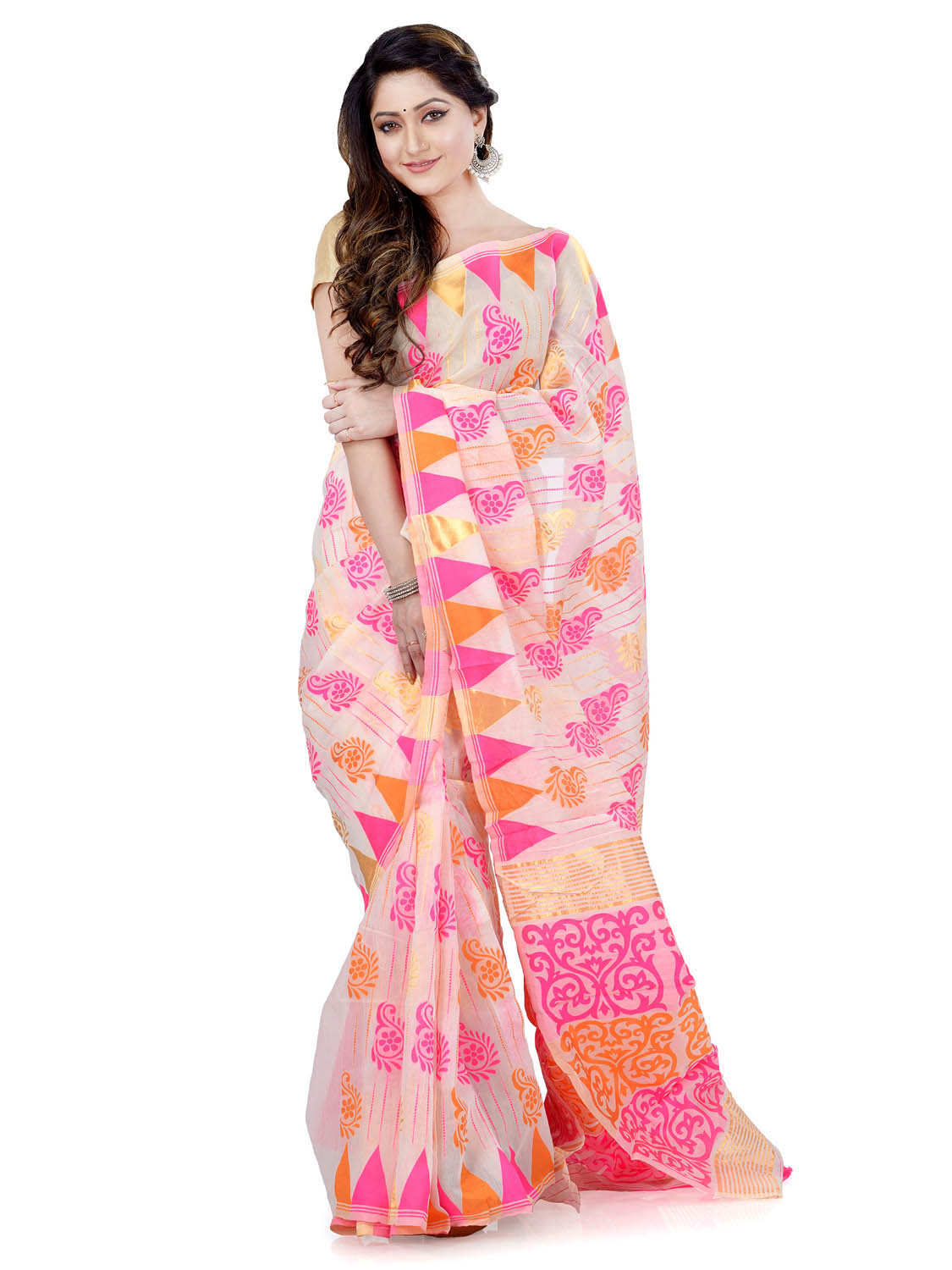 Women`s Handloom Soft Resham Dhakai jamdani Bengal Cotton Silk Tant Saree Whole Body Kolka Design with Blouse Pcs (Pink Orange)